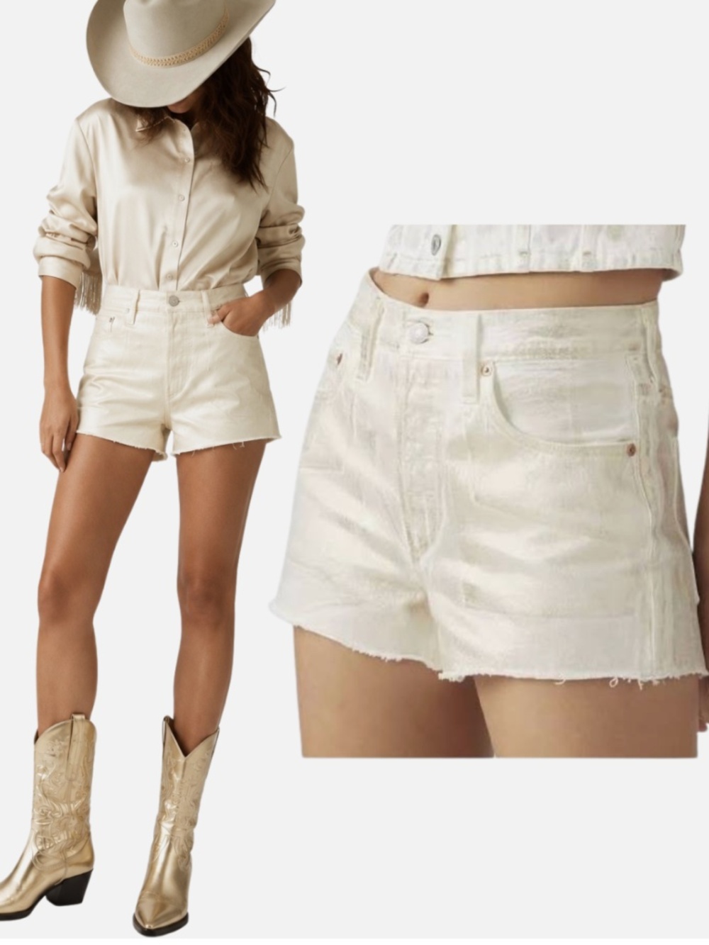 Levis 501 Original High Rise Dusted Gold Foil White Denim Cut Off Jean Shorts 25